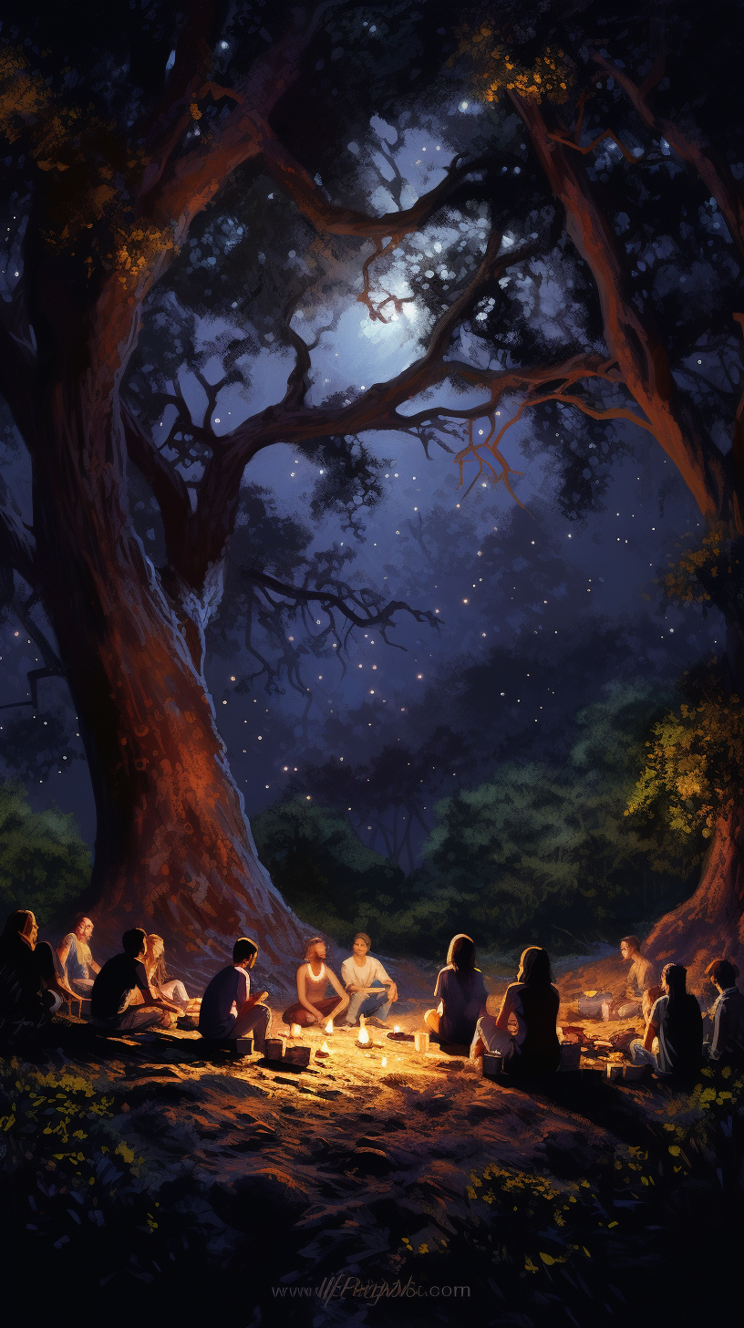 A group of people gathered around a campfire under a starry night sky in an oak forest.